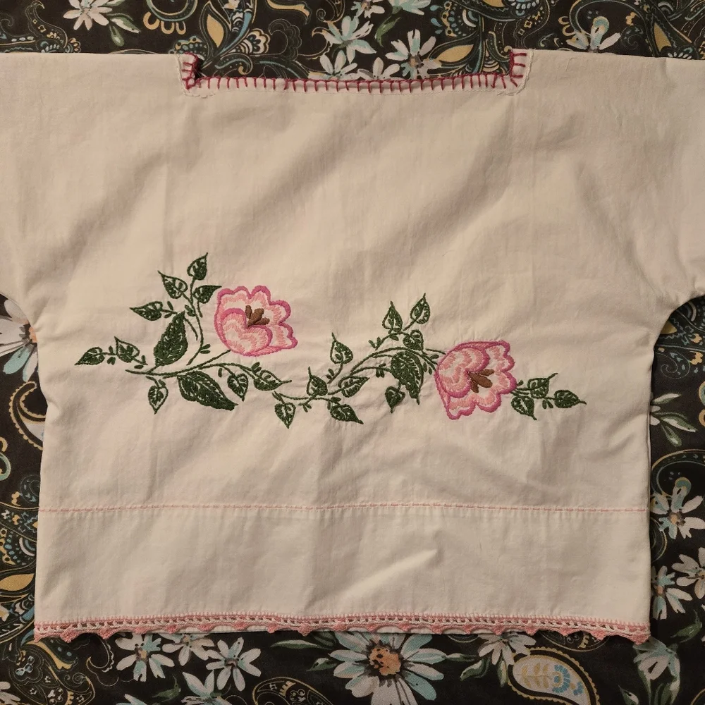 White embroidered crop Top child M vtg pillowcase upcycled
